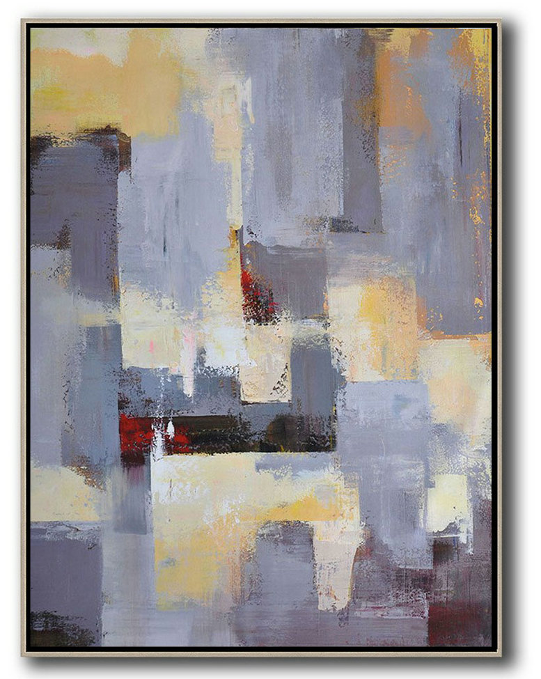 Large Abstract Art,Vertical Palette Knife Contemporary Art,Original Art Grey,Yellow,Red